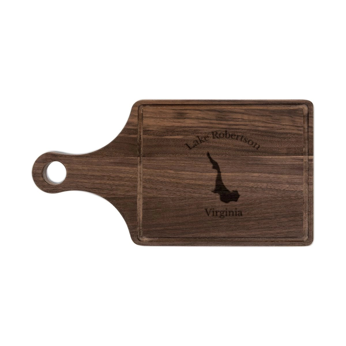 Virginia Lake Robertson Engraved Cutting Board front position view from front walnut.webp