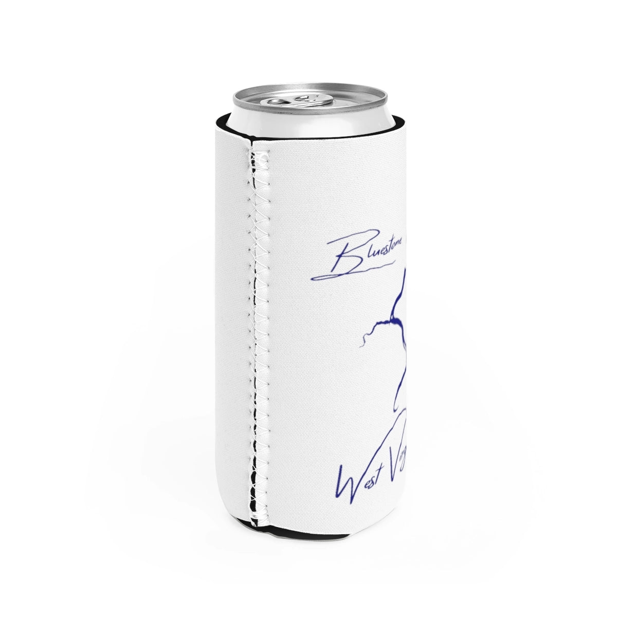West Virginia Bluestone Lake Slim Can Koozie all position view from right white.webp