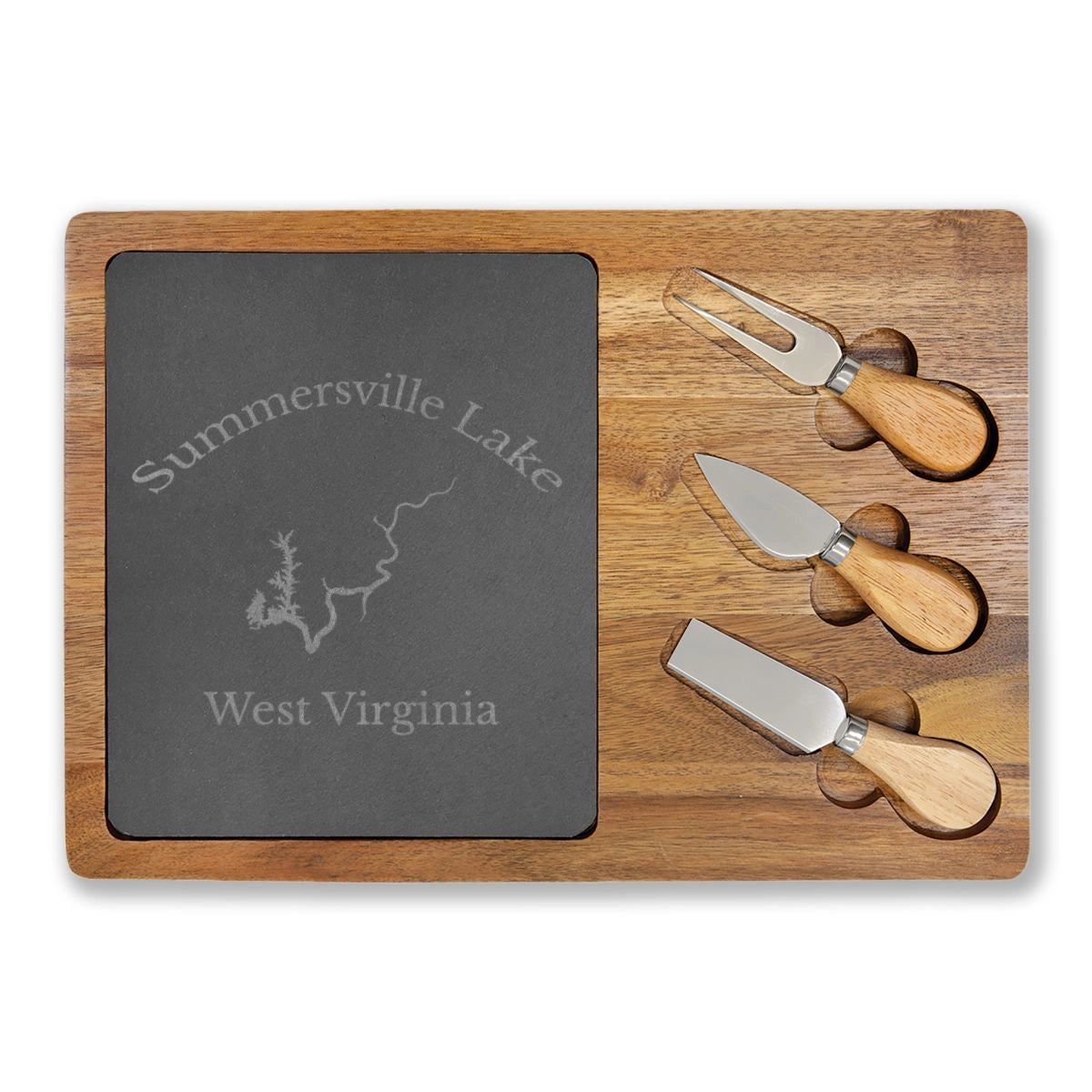 West Virginia Summersville Lake Engraved Charcuterie Board other position view from front 13 3 4 x 9 3 4.webp
