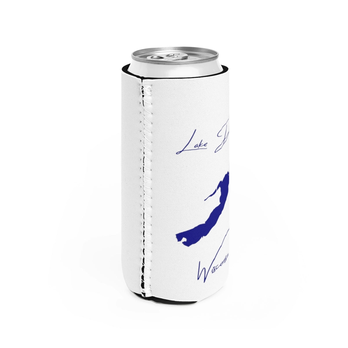 Wisconsin Lake Delavan Slim Can Koozie all position view from right white.webp