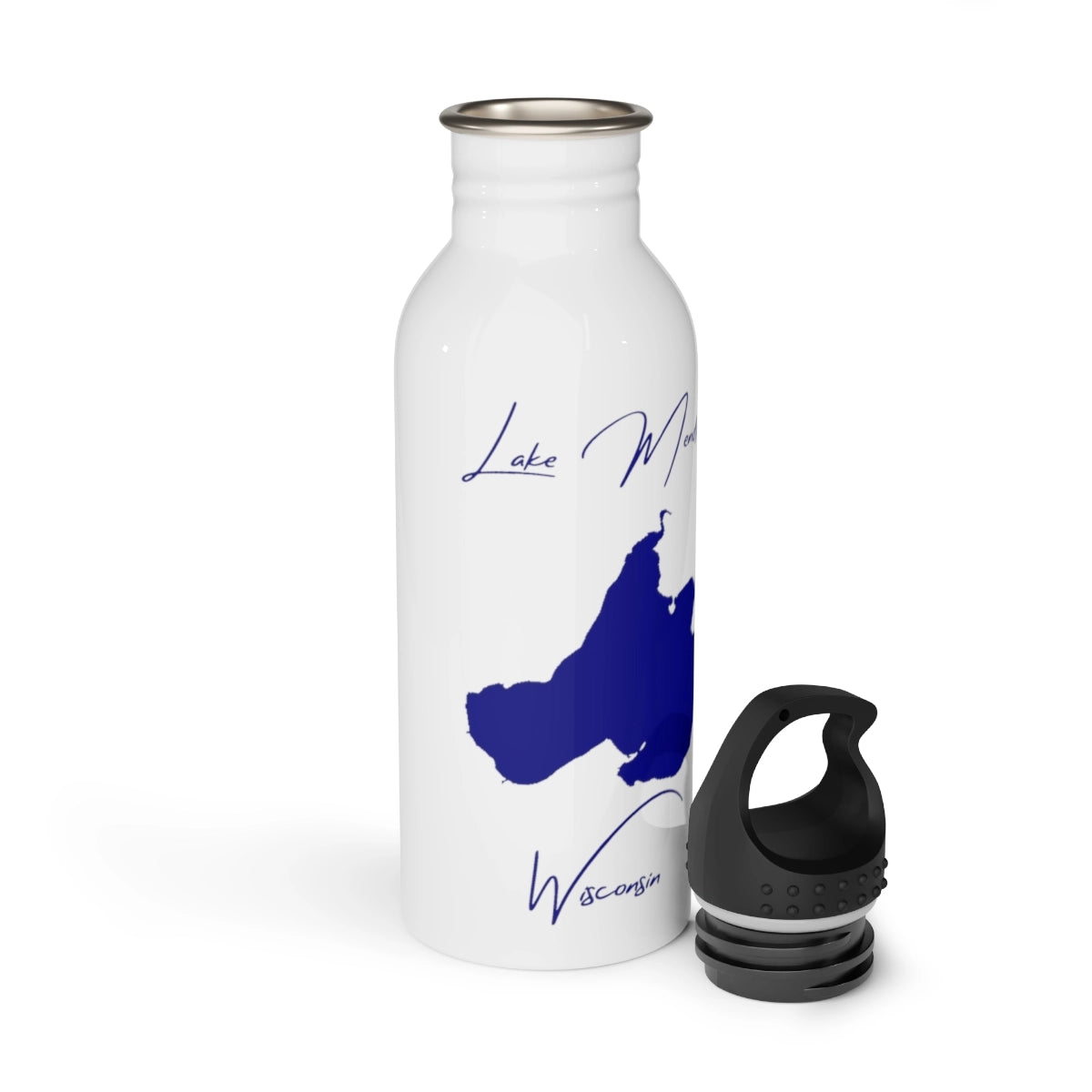 Wisconsin Lake Mendota Water bottle other position view from open white.webp