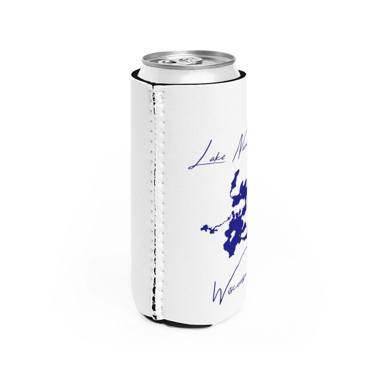 Wisconsin Lake Namakagon Slim Can Koozie all position view from right white.webp