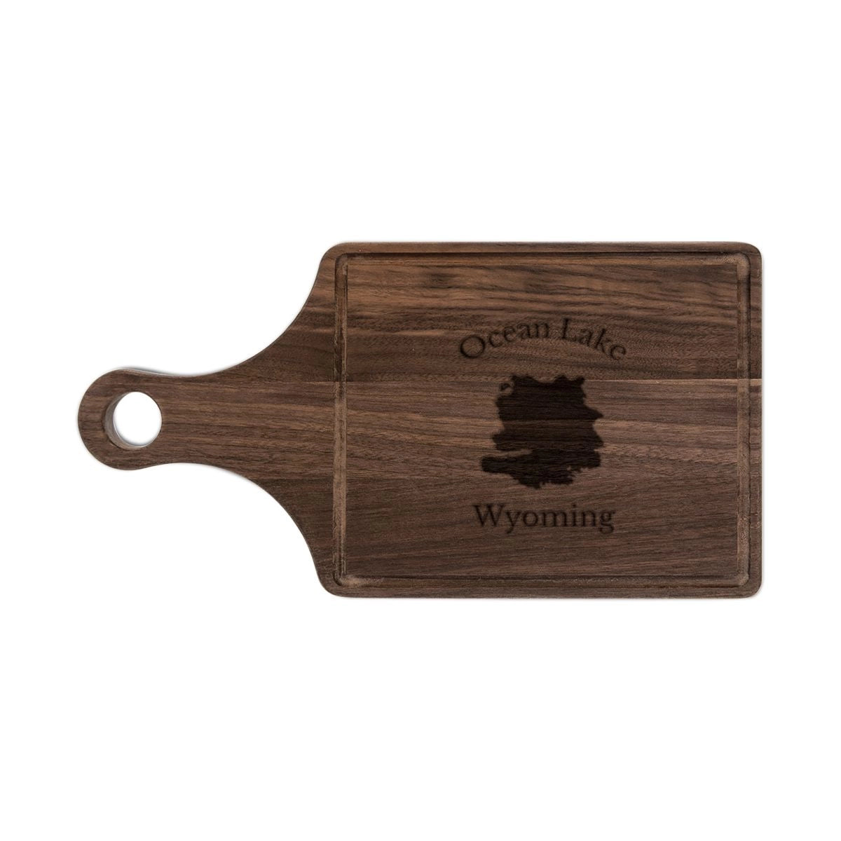 Wyoming Ocean Lake Engraved Cutting Board front position view from front walnut.webp
