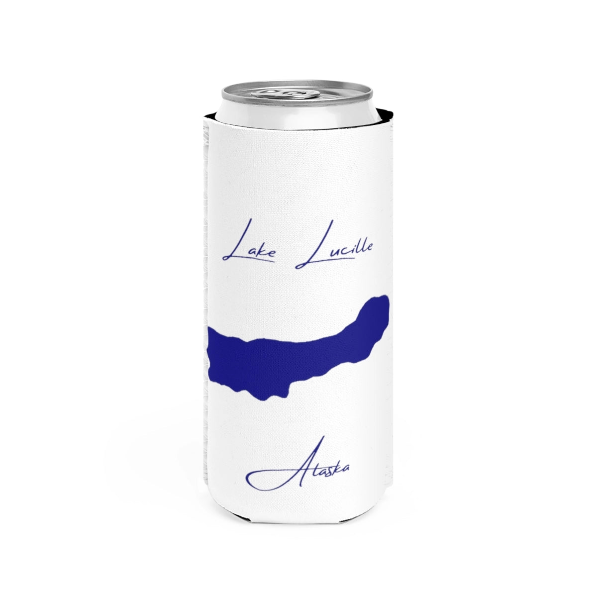 Alaska  Lake  Lucille  Slim  Can  Koozie  front  position  view  from  front  white.webp