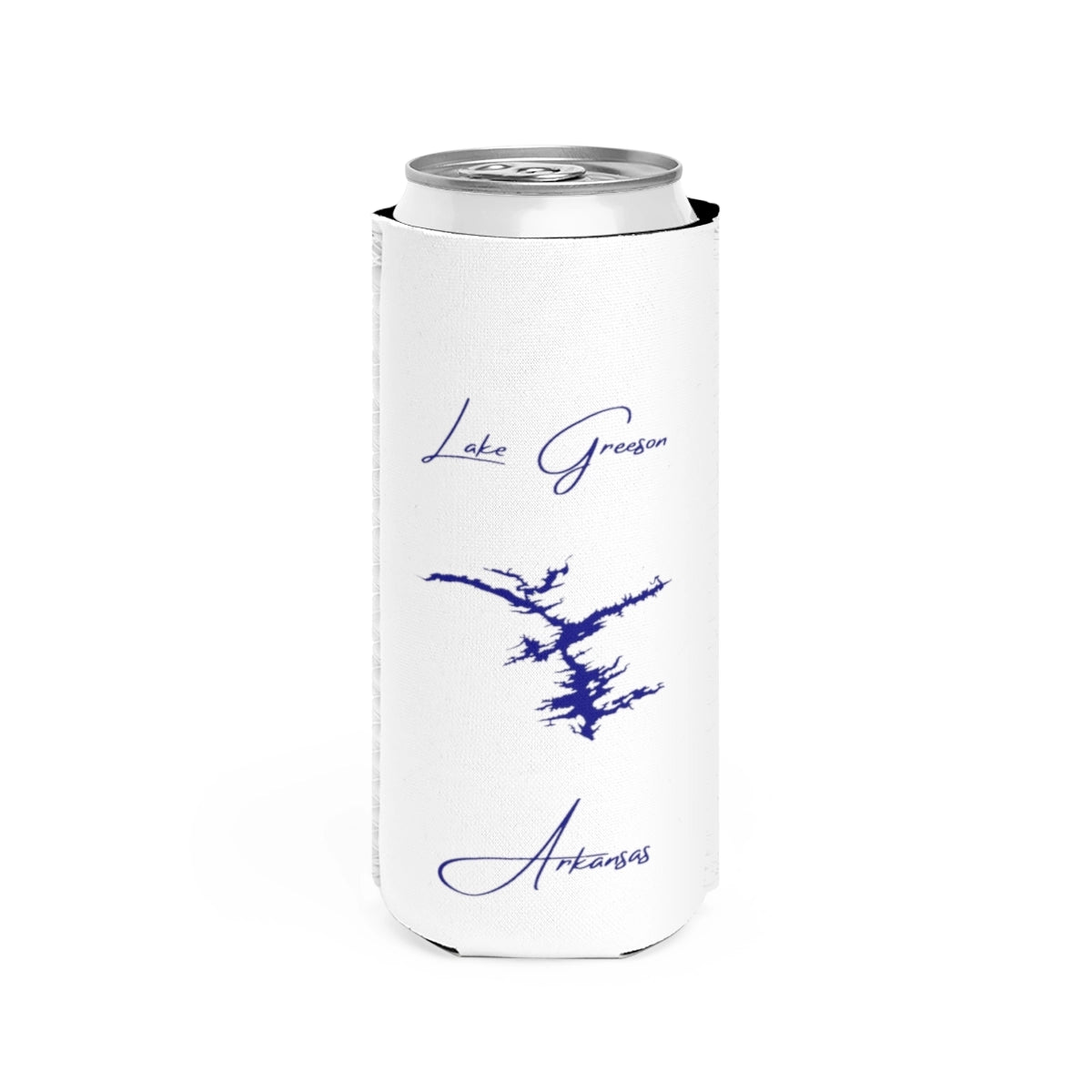 Arkansas  Lake  Greeson  Slim  Can  Koozie  front  position  view  from  front  white.webp