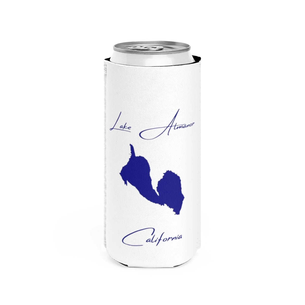 California  Lake  Almanor  Slim  Can  Koozie  front  position  view  from  front  white.webp