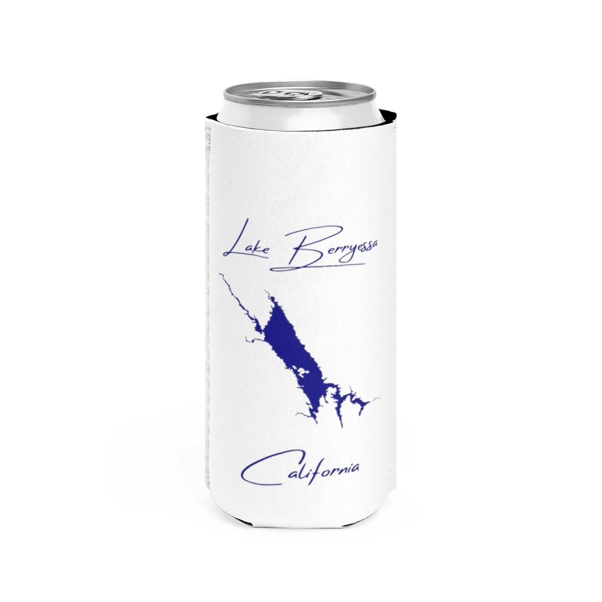 California  Lake  Berryessa  Slim  Can  Koozie  front  position  view  from  front  white.webp