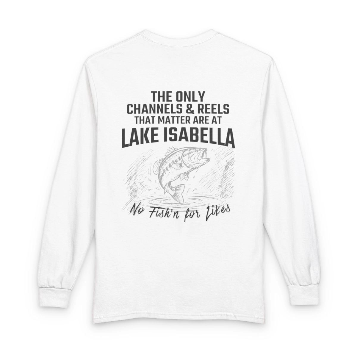 California  Lake  Isabella  Long  Sleeve  Fishing  T-shirt  back  position  view  from  back  white.webp