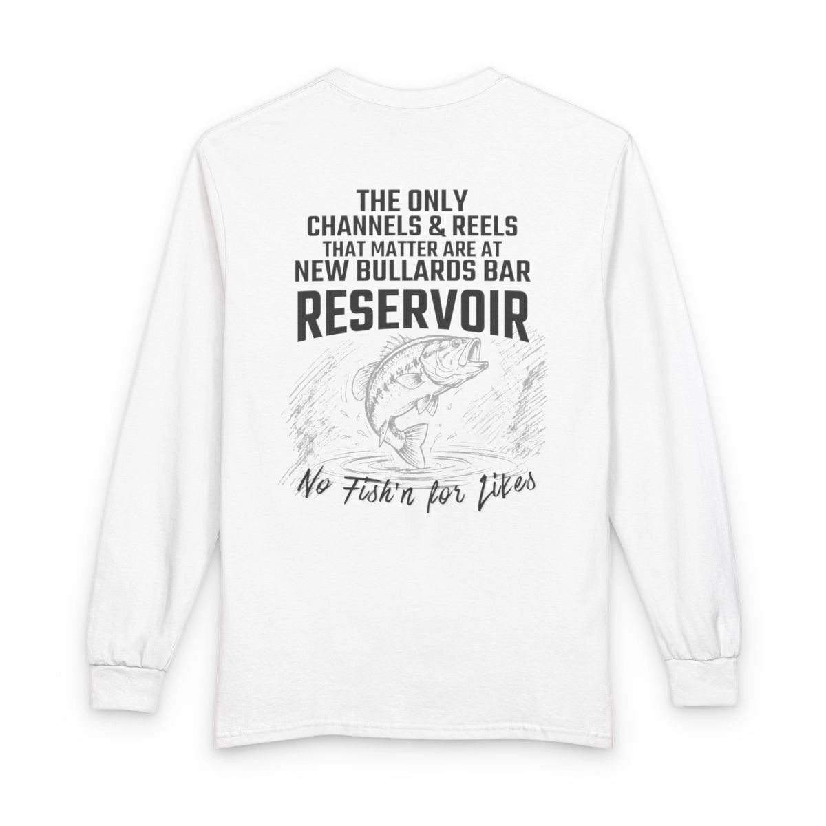 California  New  Bullards  Bar  Reservoir  Long  Sleeve  Fishing  T-shirt  back  position  view  from  back  white.webp