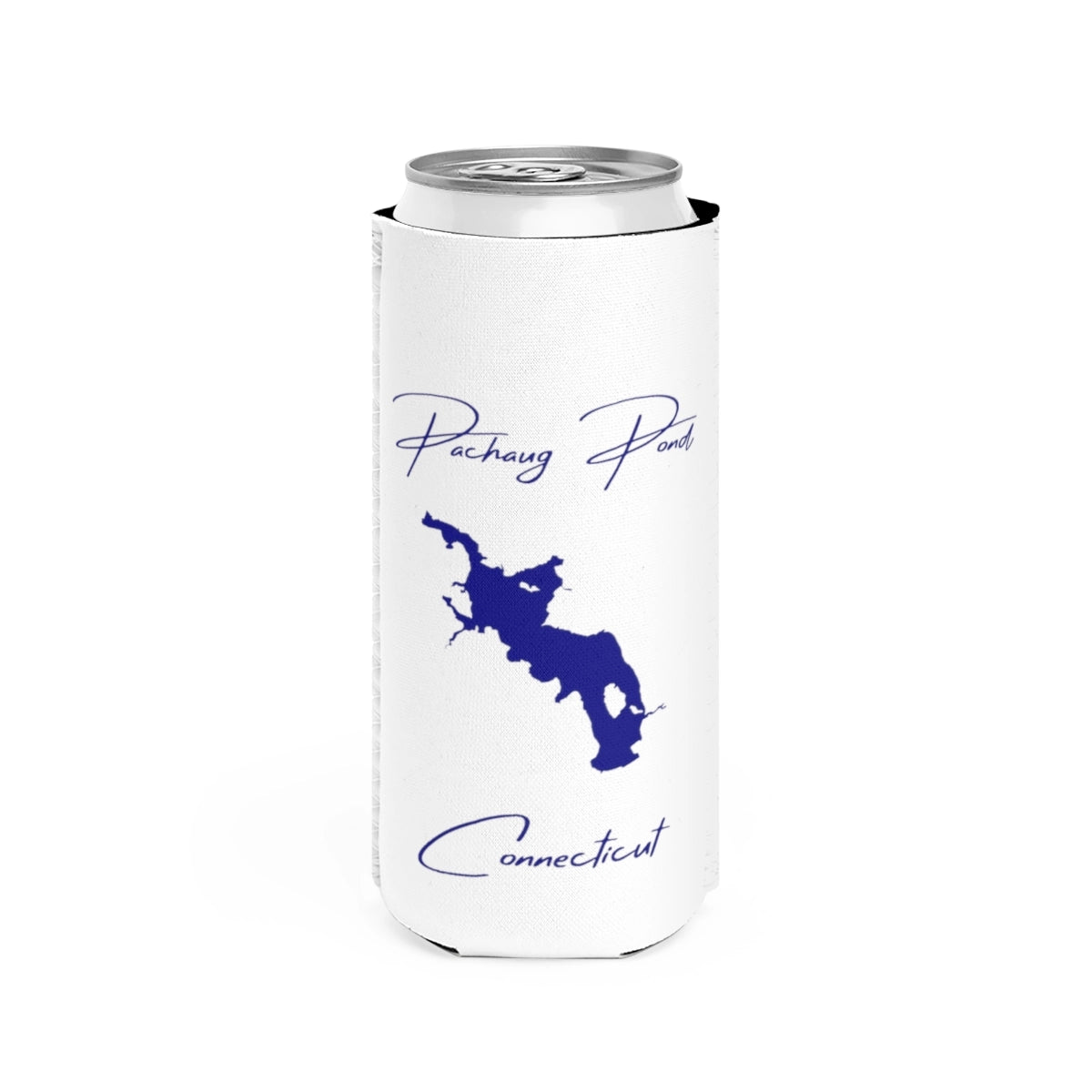 Connecticut  Pachaug  Pond  Slim  Can  Koozie  front  position  view  from  front  white.webp