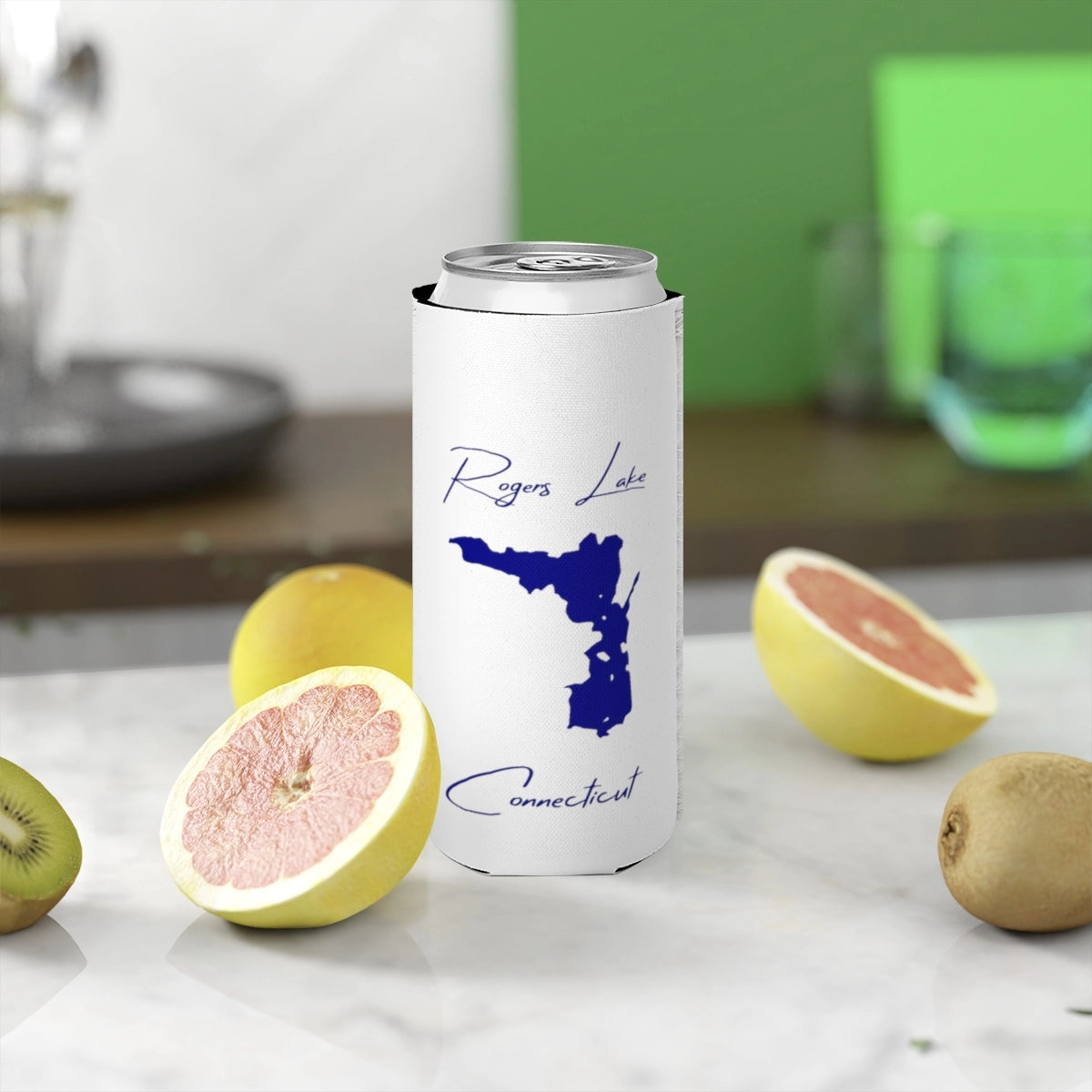 Connecticut  Rogers  Lake  Slim  Can  Koozie  front  position  view  from  context-2  white.webp