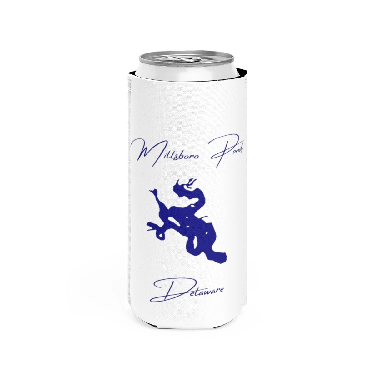 Delaware  Millsboro  Pond  Slim  Can  Koozie  front  position  view  from  front  white.webp