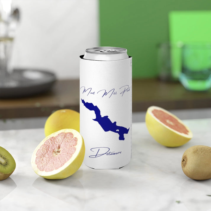 Delaware  Mud  Mill  Pond  Slim  Can  Koozie  front  position  view  from  context-2  white.webp