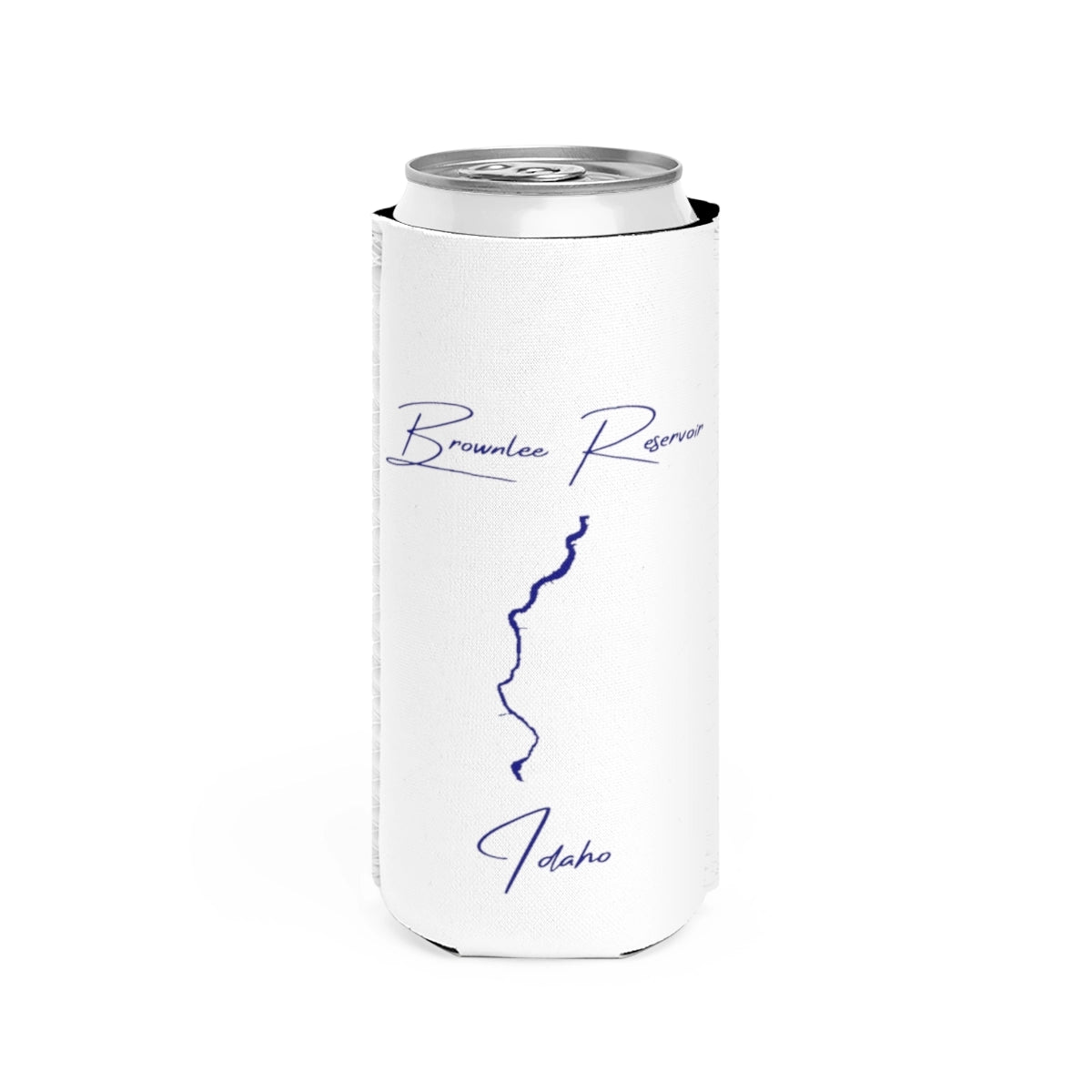 Idaho  Brownlee  Reservoir  Slim  Can  Koozie  front  position  view  from  front  white.webp