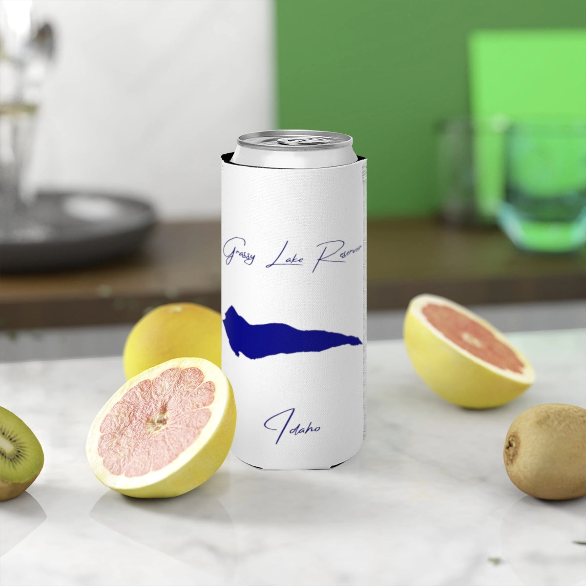 Idaho  Grassy  Lake  Reservoir  Slim  Can  Koozie  front  position  view  from  context-2  white.webp