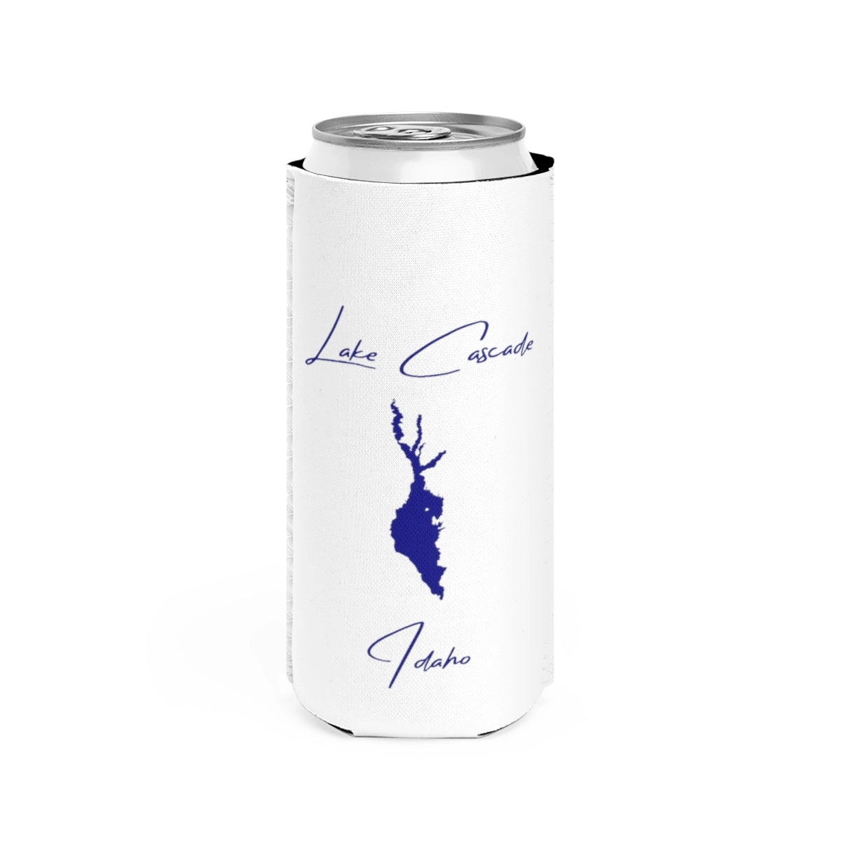 Idaho  Lake  Cascade  Slim  Can  Koozie  front  position  view  from  front  white.webp