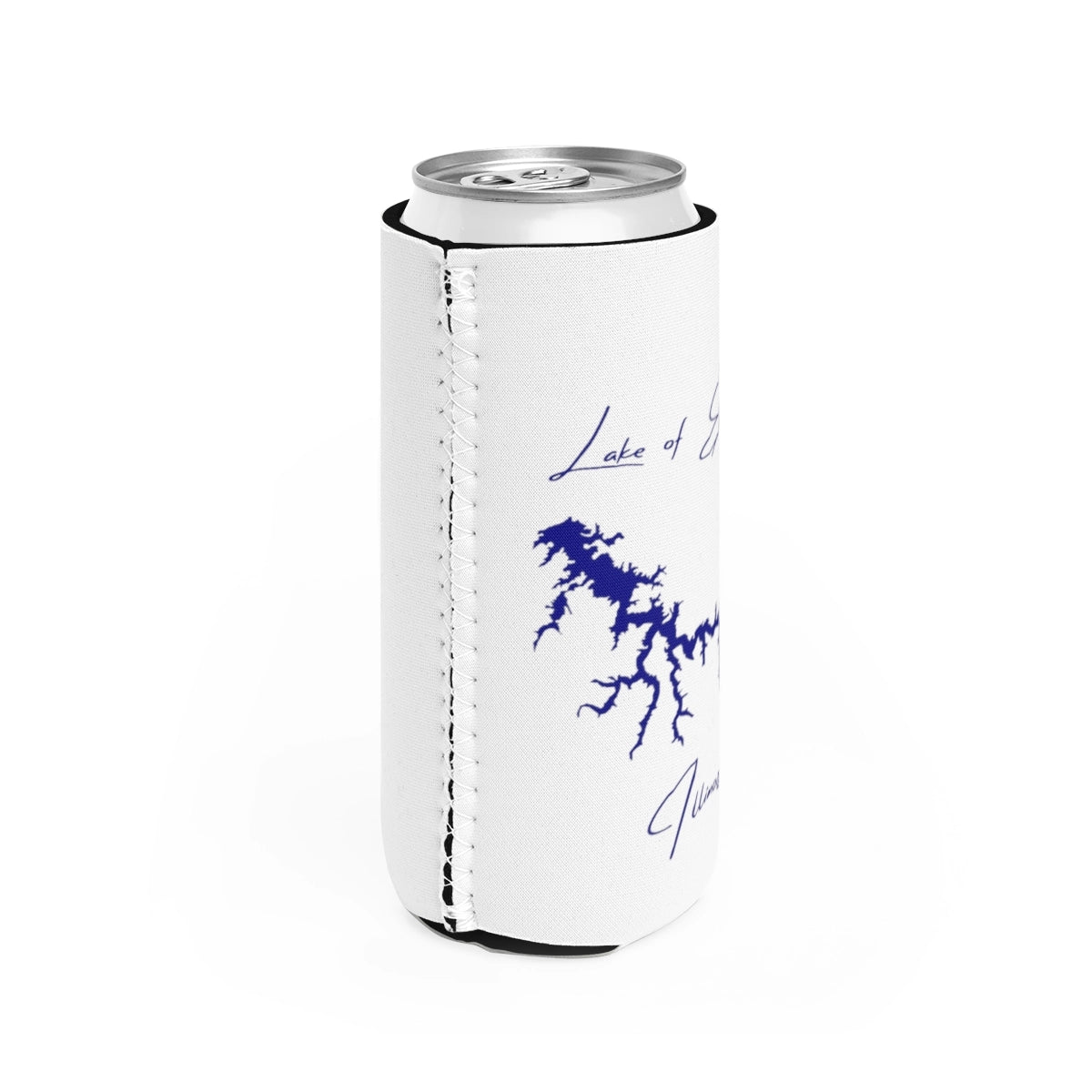 Illinois  Lake  of  Egypt  Slim  Can  Koozie  all  position  view  from  right  white.webp