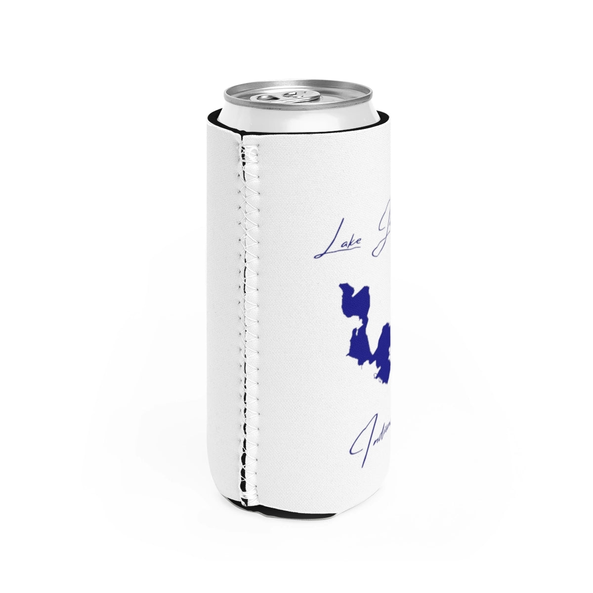 Indiana  Lake  James  Slim  Can  Koozie  all  position  view  from  right  white.webp