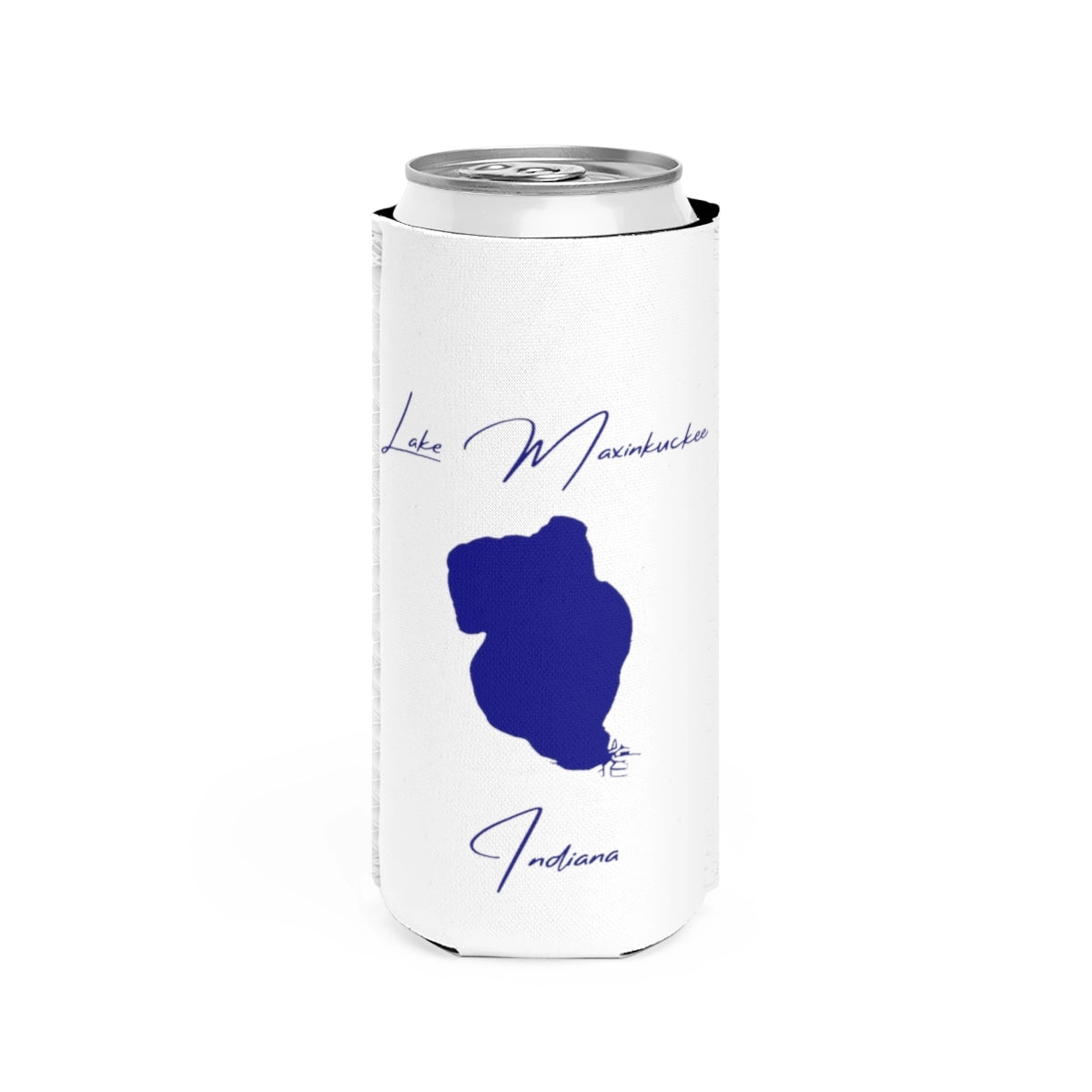 Indiana  Lake  Maxinkuckee  Slim  Can  Koozie  front  position  view  from  front  white.webp