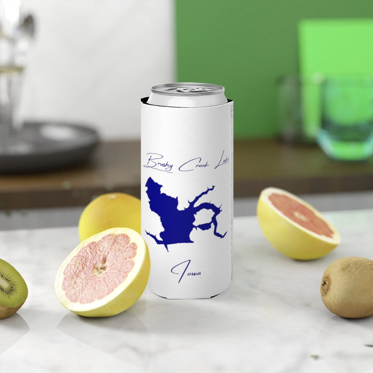 Iowa  Brushy  Creek  Lake  Slim  Can  Koozie  front  position  view  from  context-2  white.webp