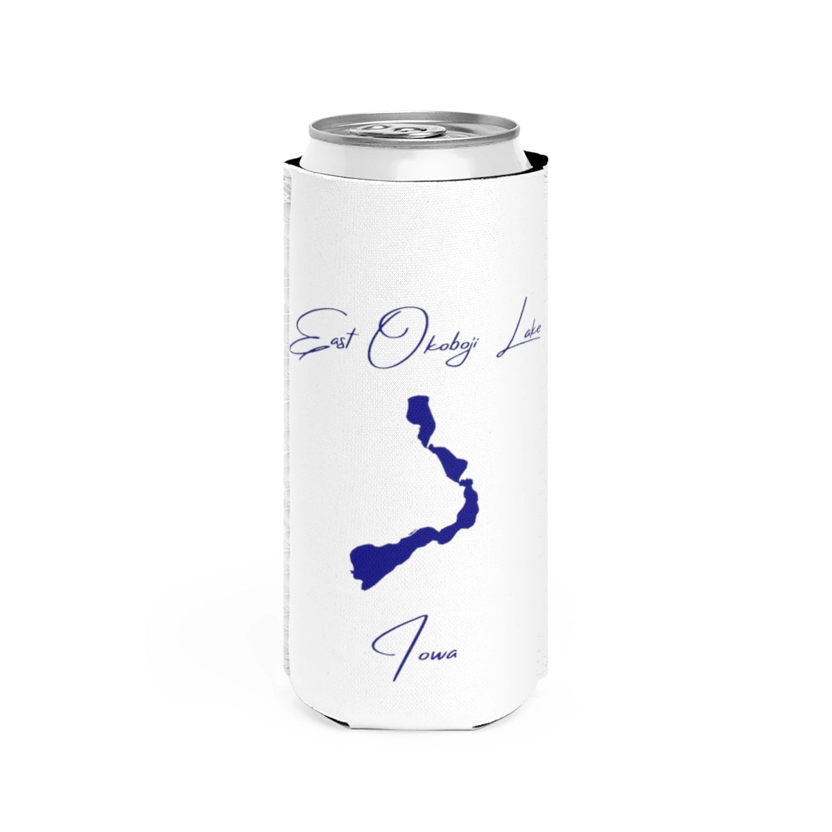 Iowa  East  Okoboji  Lake  Slim  Can  Koozie  front  position  view  from  front  white.webp