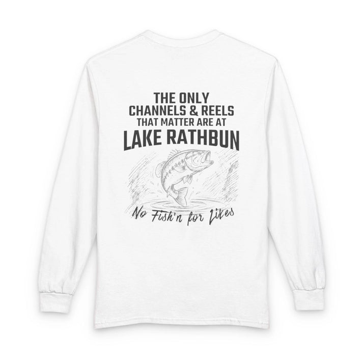 Iowa  Lake  Rathbun  Long  Sleeve  Fishing  T-shirt  back  position  view  from  back  white.webp