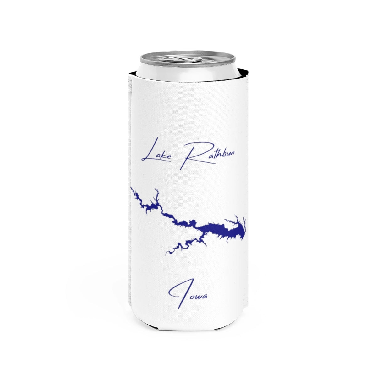Iowa  Lake  Rathbun  Slim  Can  Koozie  front  position  view  from  front  white.webp