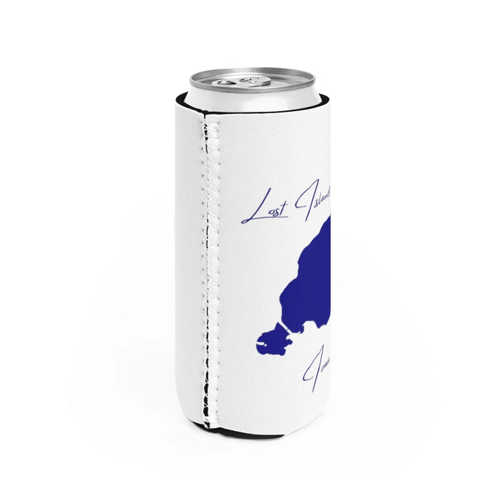 Iowa  Lost  Island  Lake  Slim  Can  Koozie  all  position  view  from  right  white.webp