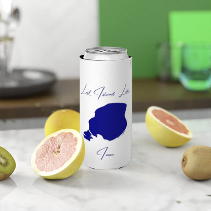 Iowa  Lost  Island  Lake  Slim  Can  Koozie  front  position  view  from  context-2  white.webp