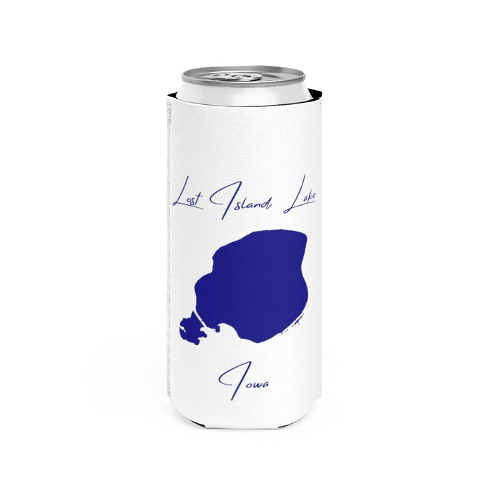 Iowa  Lost  Island  Lake  Slim  Can  Koozie  front  position  view  from  front  white.webp