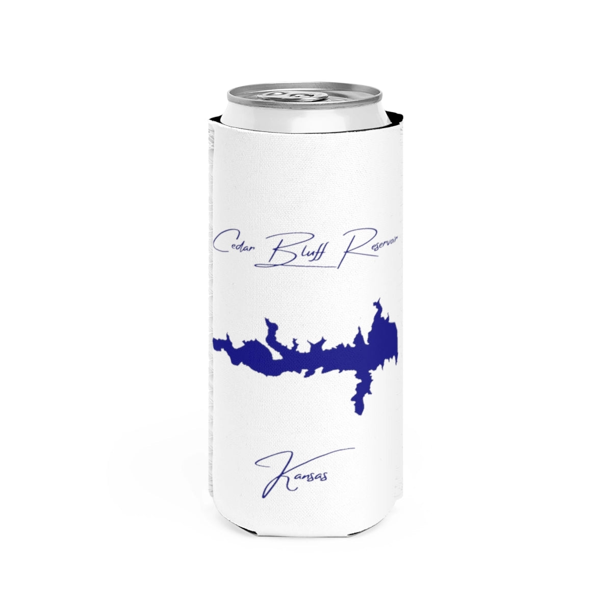 Kansas  Cedar  Bluff  Reservoir  Slim  Can  Koozie  front  position  view  from  front  white.webp