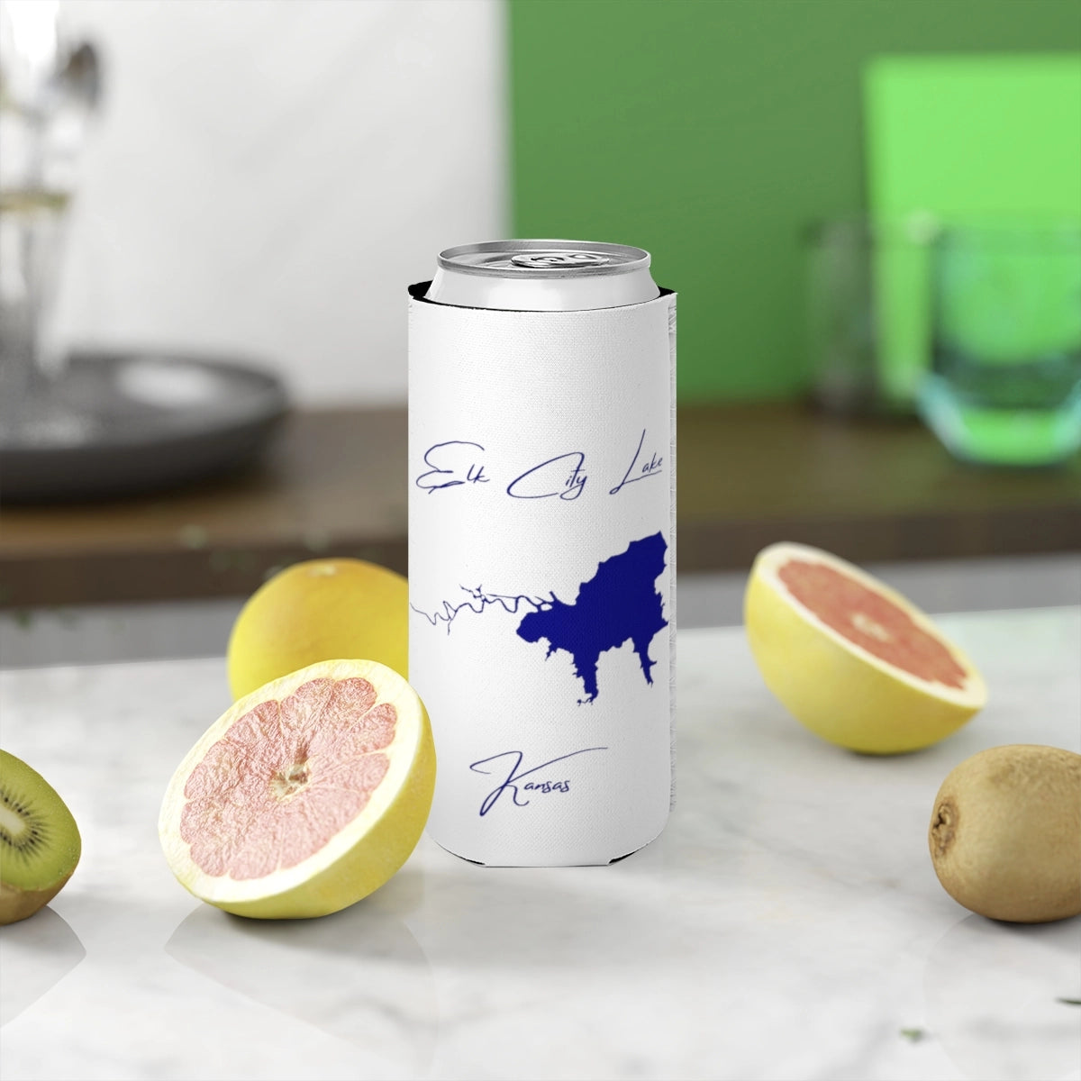 Kansas  Elk  City  Lake  Slim  Can  Koozie  front  position  view  from  context-2  white.webp