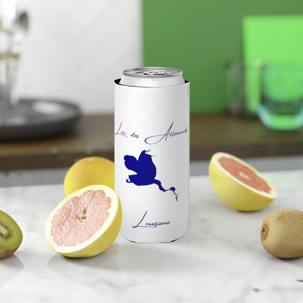 Louisiana  Lac  des  Allemands  Slim  Can  Koozie  front  position  view  from  context-2  white.webp