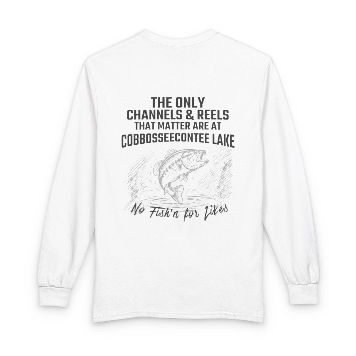 Maine  Cobbosseecontee  Lake  Long  Sleeve  Fishing  T-shirt  back  position  view  from  back  white.webp