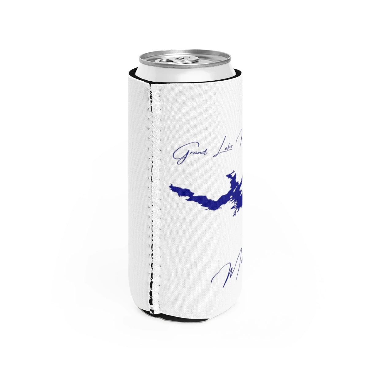 Maine  Grand  Lake  Matagamon  Slim  Can  Koozie  all  position  view  from  right  white.webp
