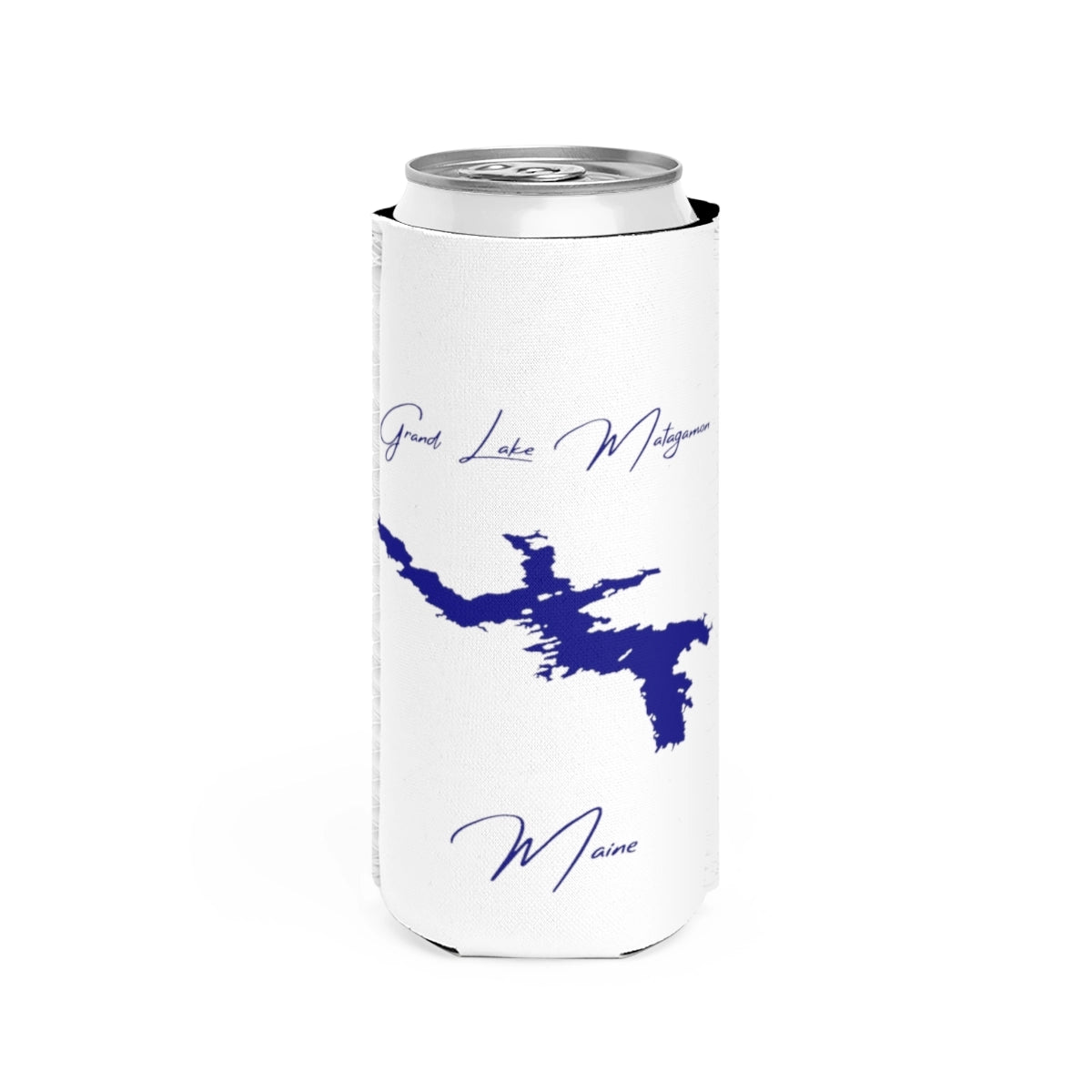 Maine  Grand  Lake  Matagamon  Slim  Can  Koozie  front  position  view  from  front  white.webp