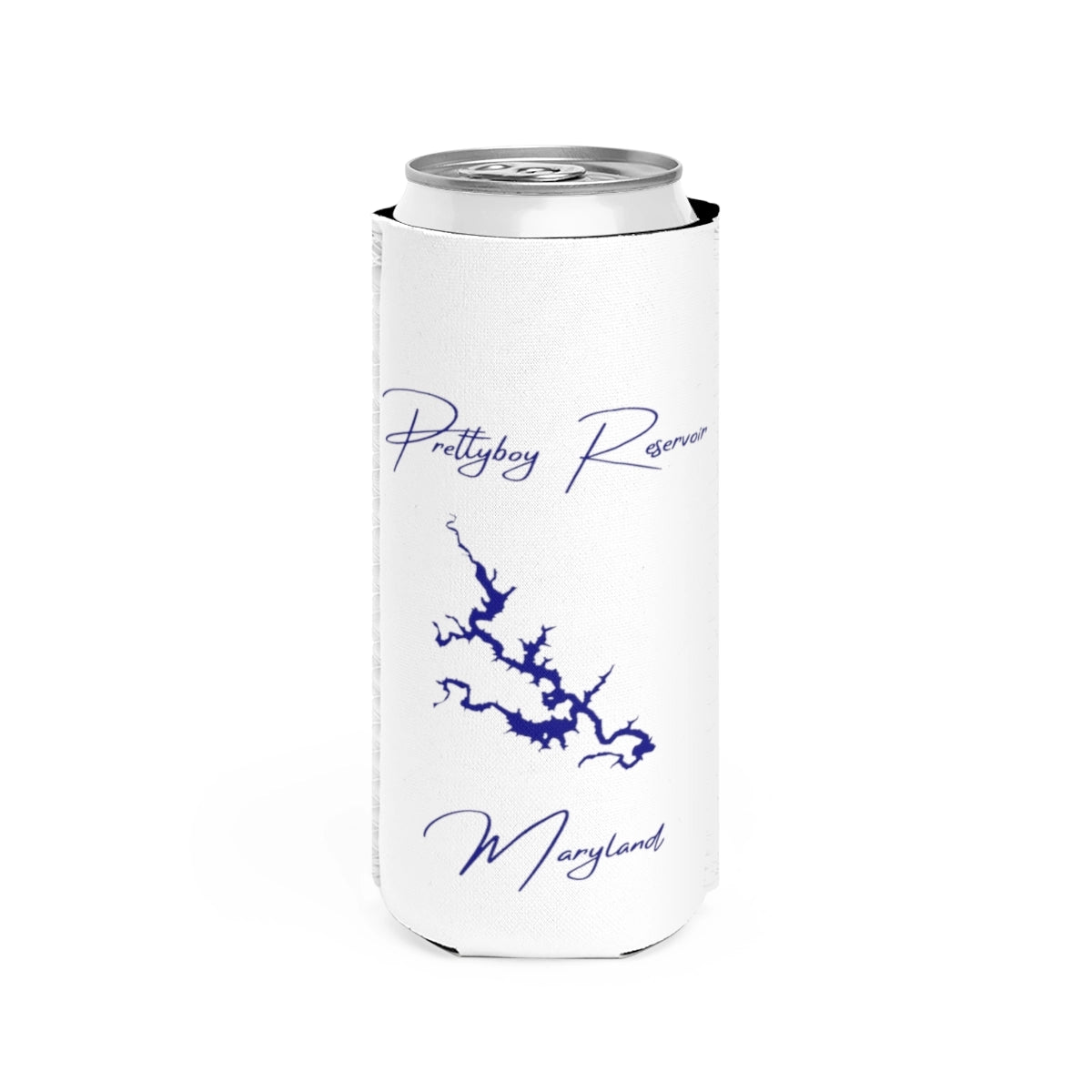Maryland  Prettyboy  Reservoir  Slim  Can  Koozie  front  position  view  from  front  white.webp