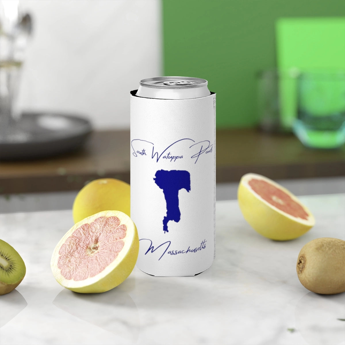 Massachusetts  South  Watuppa  Pond  Slim  Can  Koozie  front  position  view  from  context-2  white.webp