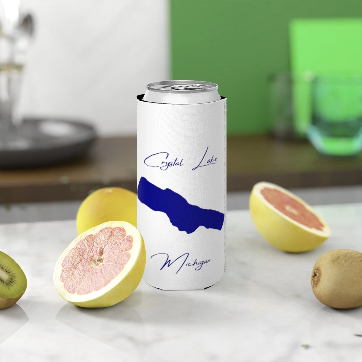 Michigan  Crystal  Lake  Slim  Can  Koozie  front  position  view  from  context-2  white.webp