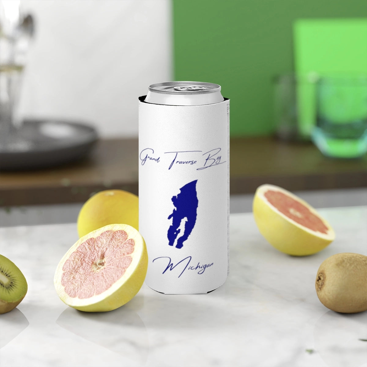 Michigan  Grand  Traverse  Bay  Slim  Can  Koozie  front  position  view  from  context-2  white.webp