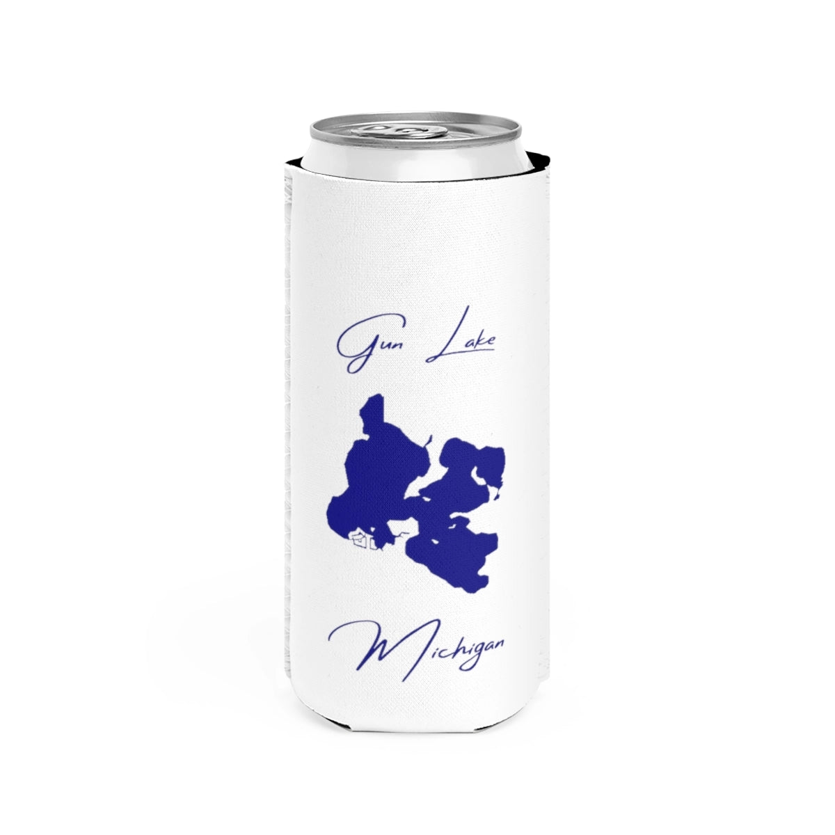 Michigan  Gun  Lake  Slim  Can  Koozie  front  position  view  from  front  white.webp