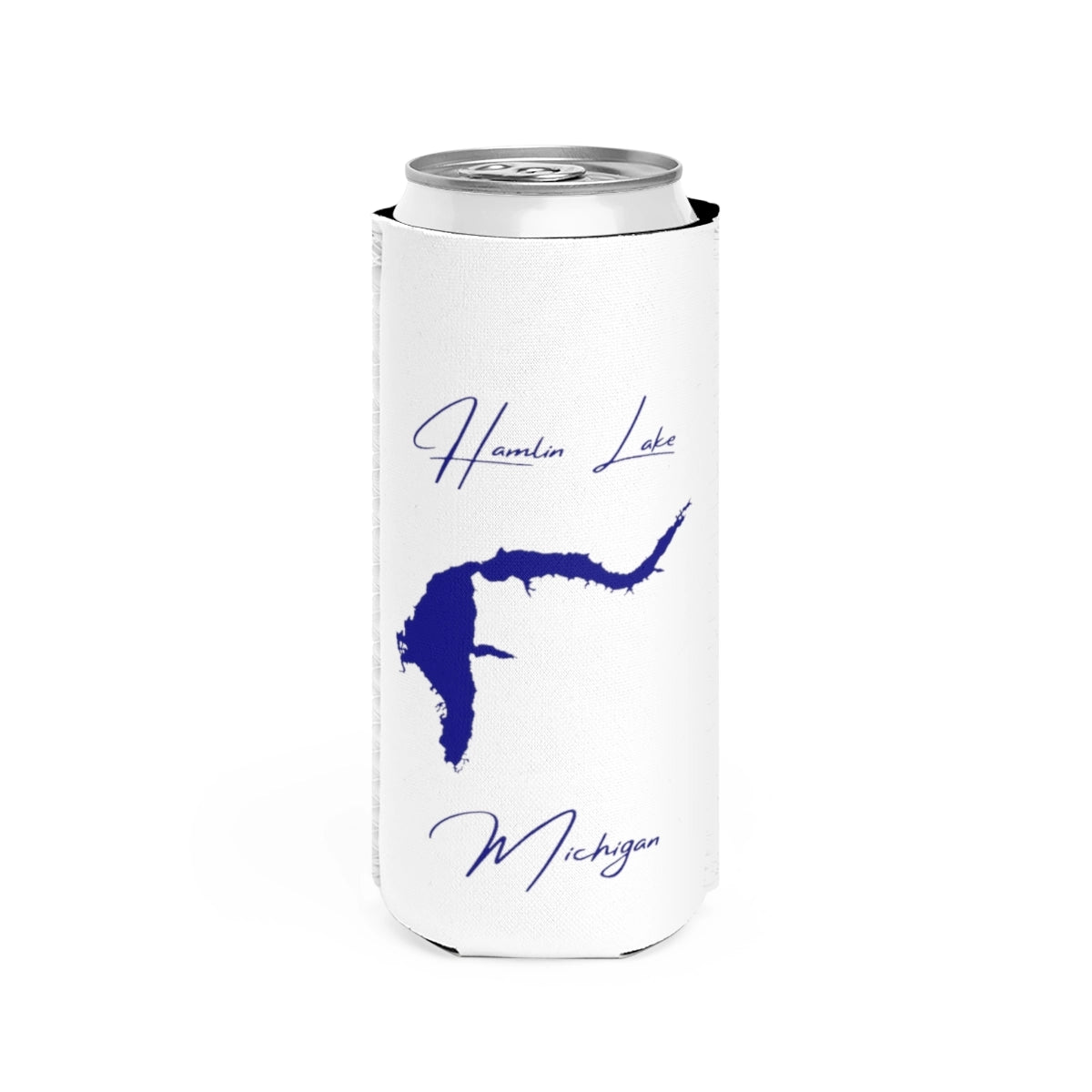 Michigan  Hamlin  Lake  Slim  Can  Koozie  front  position  view  from  front  white.webp