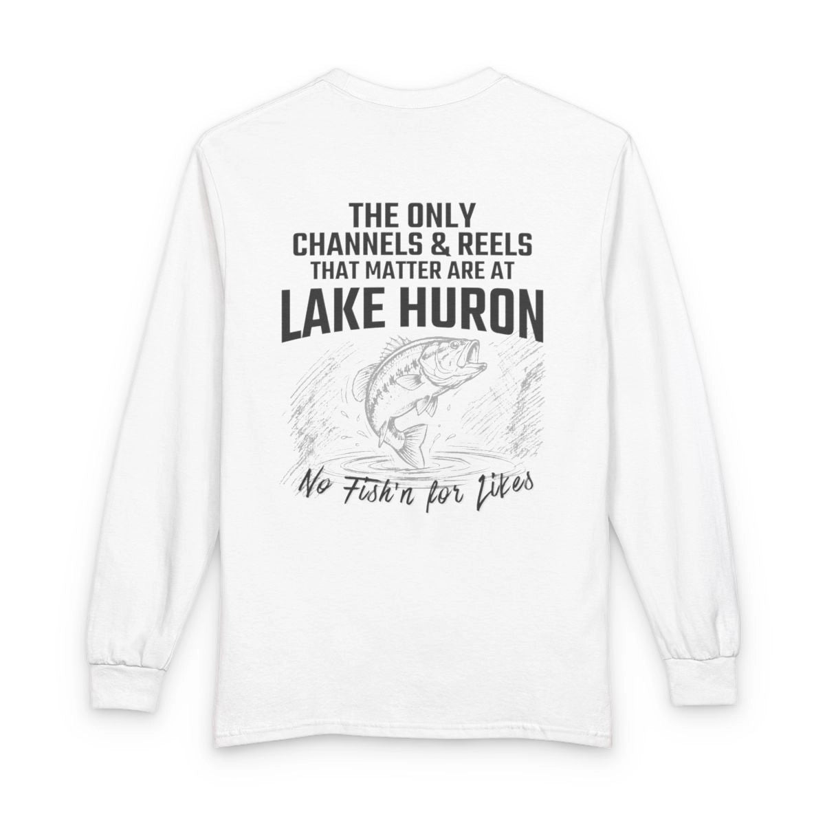 Michigan  Lake  Huron  Long  Sleeve  Fishing  T-shirt  back  position  view  from  back  white.webp