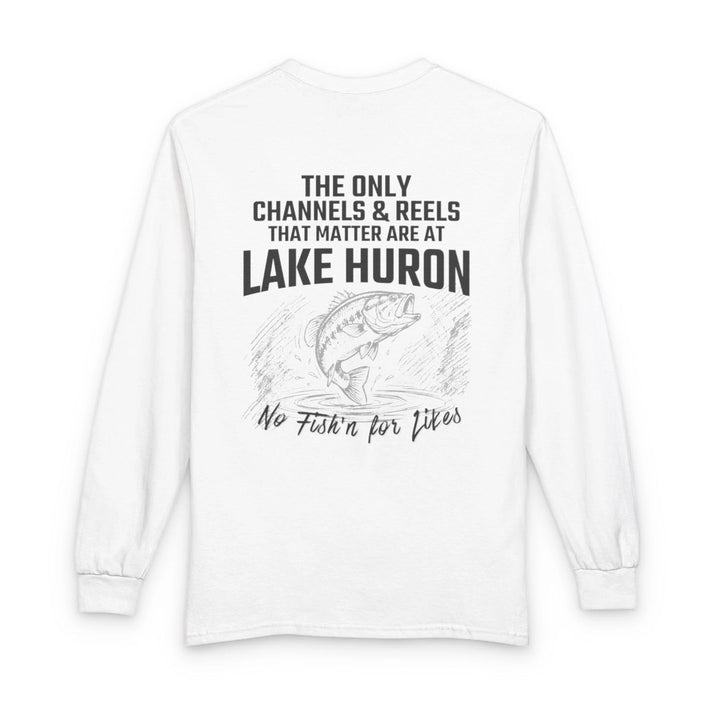 Michigan  Lake  Huron  Long  Sleeve  Fishing  T-shirt  back  position  view  from  back  white.webp