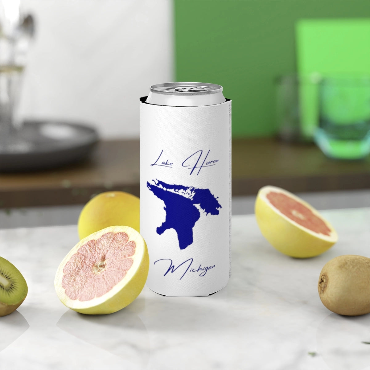 Michigan  Lake  Huron  Slim  Can  Koozie  front  position  view  from  context-2  white.webp