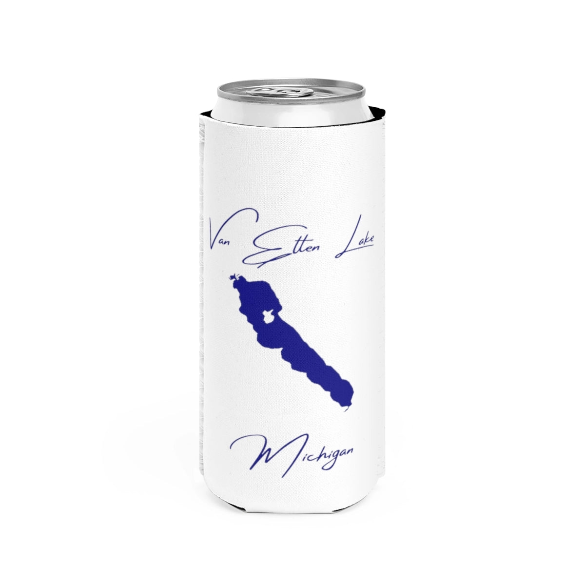 Michigan  Van  Etten  Lake  Slim  Can  Koozie  front  position  view  from  front  white.webp