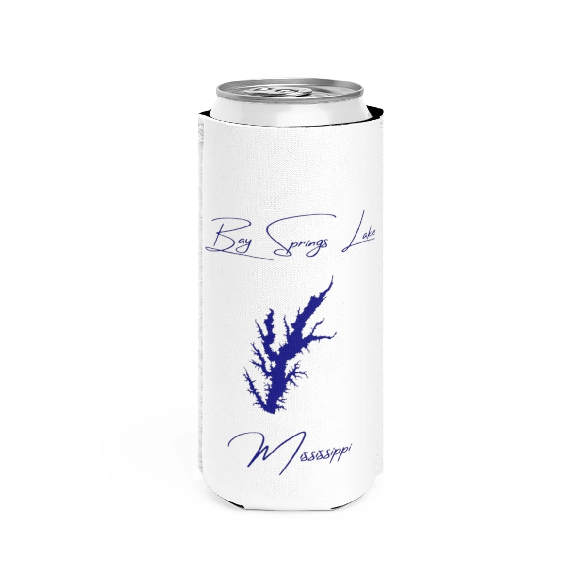 Mississippi  Bay  Springs  Lake  Slim  Can  Koozie  front  position  view  from  front  white.webp