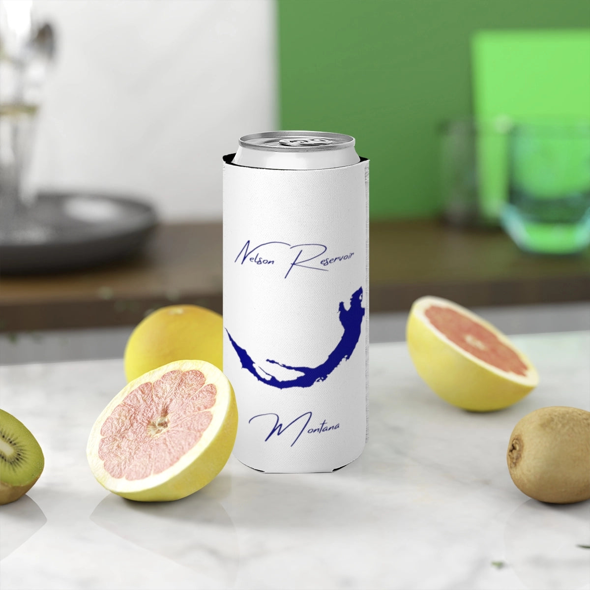 Montana  Nelson  Reservoir  Slim  Can  Koozie  front  position  view  from  context-2  white.webp