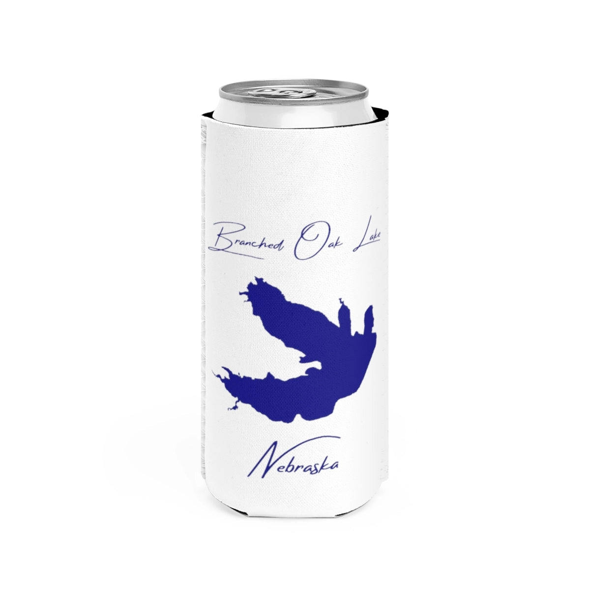 Nebraska  Branched  Oak  Lake  Slim  Can  Koozie  front  position  view  from  front  white.webp