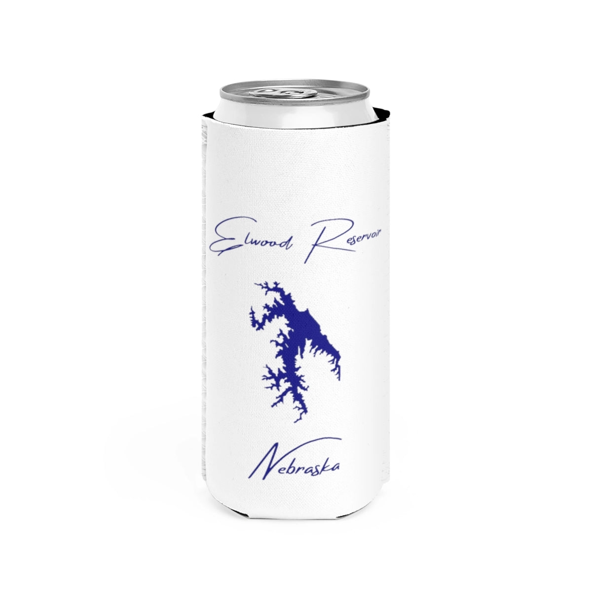 Nebraska  Elwood  Reservoir  Slim  Can  Koozie  front  position  view  from  front  white.webp